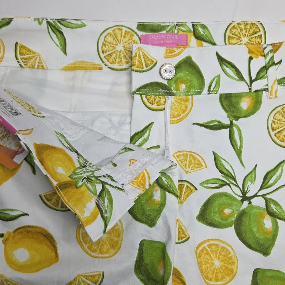 Isaac Mizrahi NWT Lemon Lime AOP Tailored Shorts Stretch Vibrant Tropical 12
